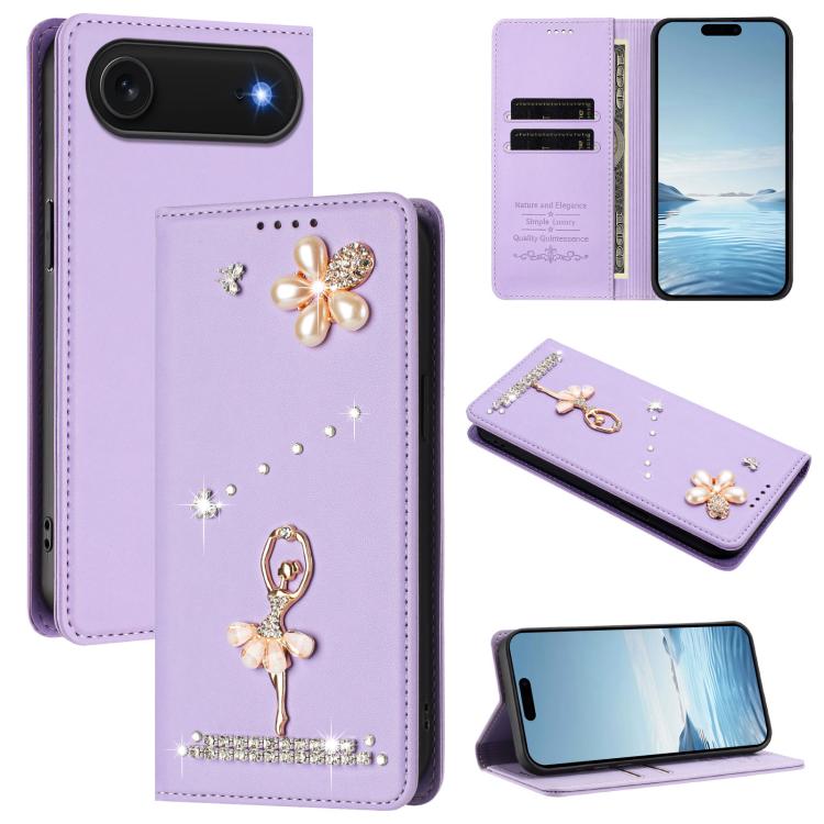 For iPhone Air Ballet Girl Diamond Studded RFID Vegan Leather Phone Case(Light Purple)