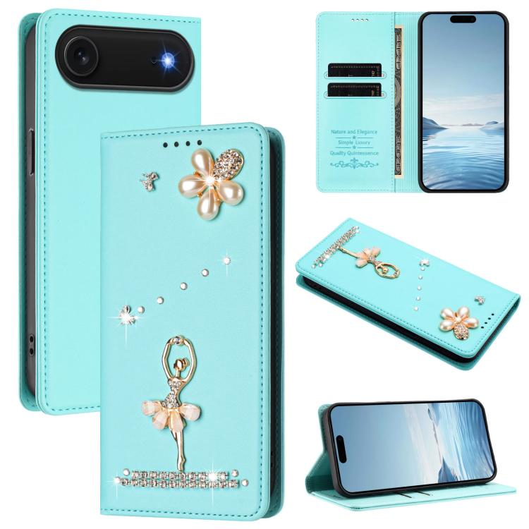 For iPhone Air Ballet Girl Diamond Studded RFID Vegan Leather Phone Case(Mint Green)