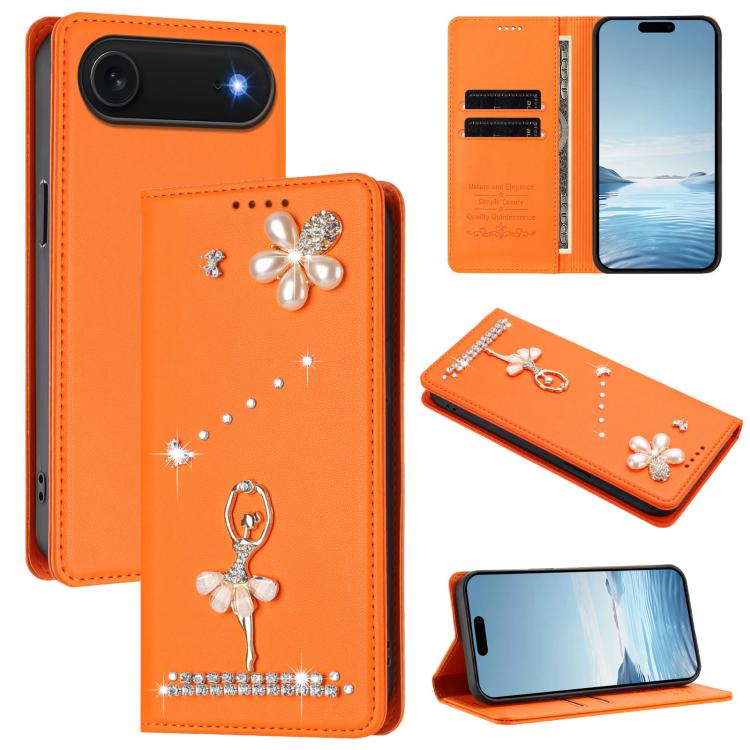 For iPhone Air Ballet Girl Diamond Studded RFID Vegan Leather Phone Case(Orange)