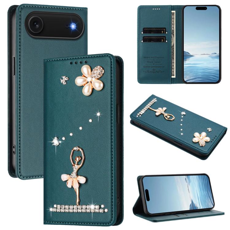 For iPhone Air Ballet Girl Diamond Studded RFID Vegan Leather Phone Case(Peacock Green)