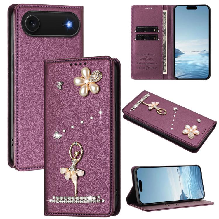 For iPhone Air Ballet Girl Diamond Studded RFID Vegan Leather Phone Case(Violet)
