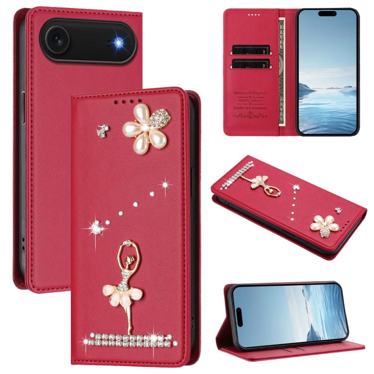For iPhone Air Ballet Girl Diamond Studded RFID Vegan Leather Phone Case(Wine Red)