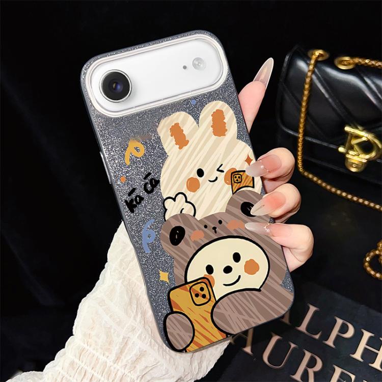 For iPhone Air Bear Pattern IMD Glitter PC Hybrid TPU Phone Case(Black)