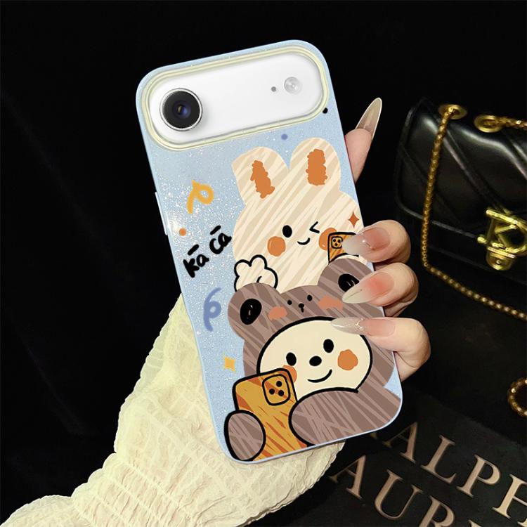 For iPhone Air Bear Pattern IMD Glitter PC Hybrid TPU Phone Case(Blue)