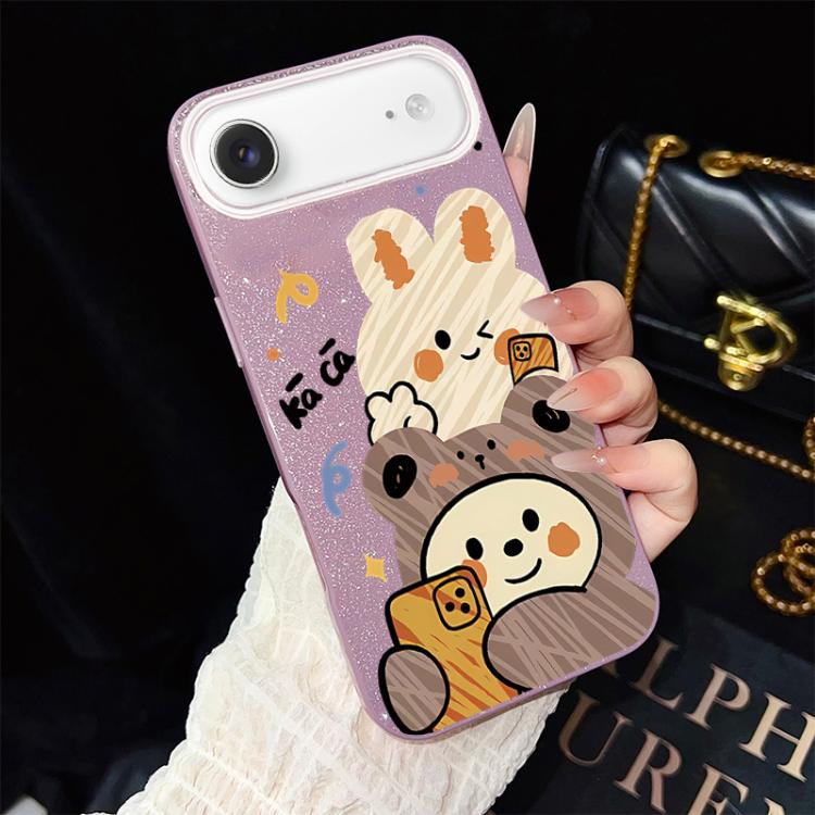 For iPhone Air Bear Pattern IMD Glitter PC Hybrid TPU Phone Case(Purple)