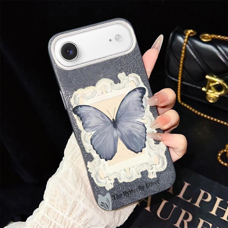 For iPhone Air Blue Butterfly Pattern IMD Glitter PC Hybrid TPU Phone Case(Black)