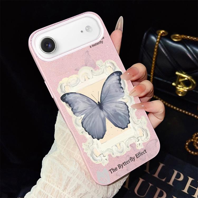 For iPhone Air Blue Butterfly Pattern IMD Glitter PC Hybrid TPU Phone Case(Pink)