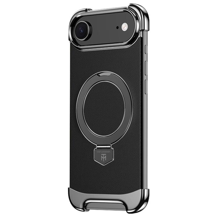 For iPhone Air Borderless MagSafe Ring Holder Plain Leather Phone Case(Black)