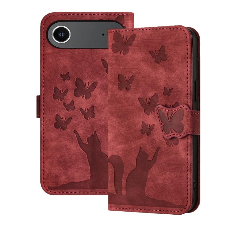 For iPhone Air Butterfly Cat Embossing Flip Leather Phone Case(Red)