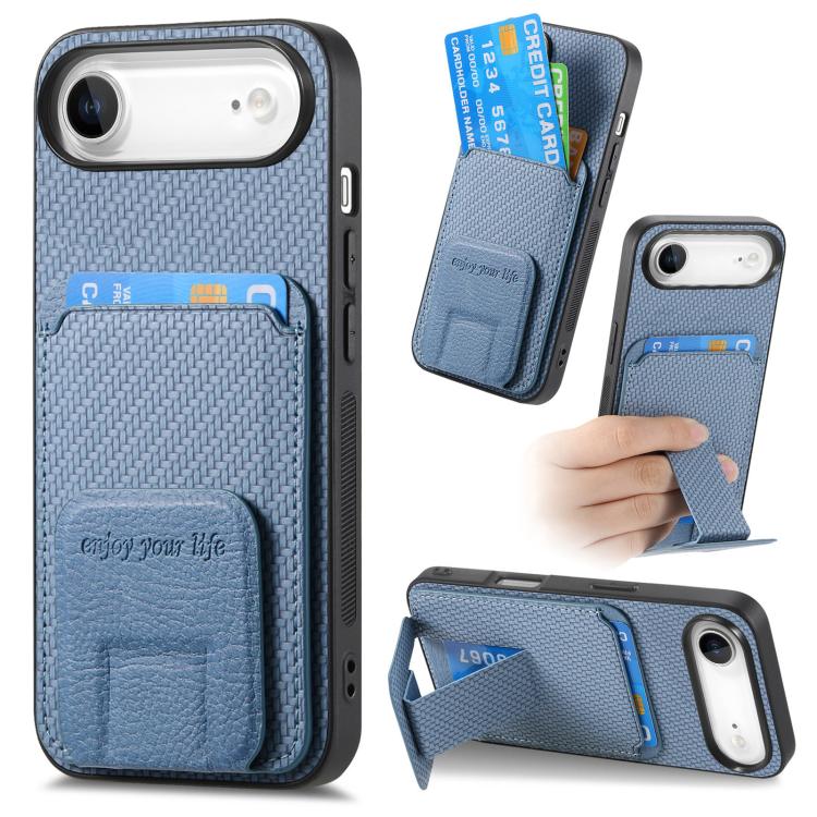 For iPhone Air Carbon Fiber Card Bag Fold Stand Phone Case(Blue)