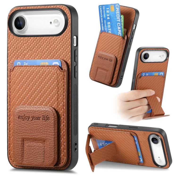 For iPhone Air Carbon Fiber Card Bag Fold Stand Phone Case(Brown)