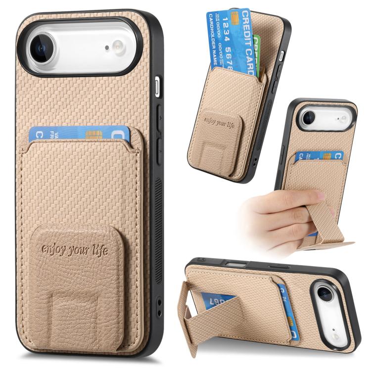 For iPhone Air Carbon Fiber Card Bag Fold Stand Phone Case(Khaki)