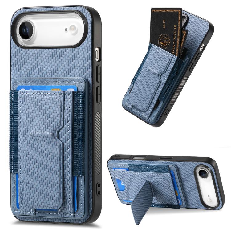 For iPhone Air Carbon Fiber Fold Stand Elastic Card Bag Phone Case(Blue)