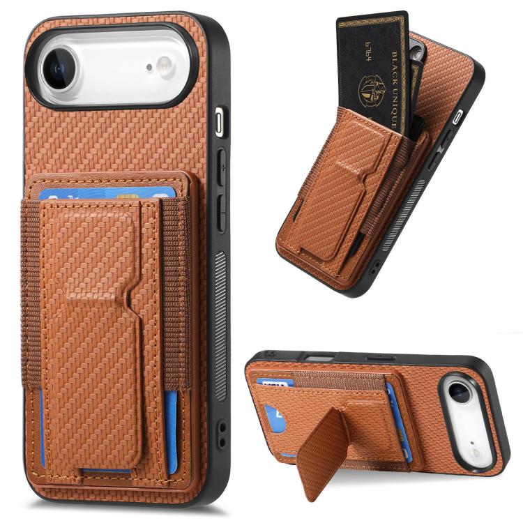 For iPhone Air Carbon Fiber Fold Stand Elastic Card Bag Phone Case(Brown)
