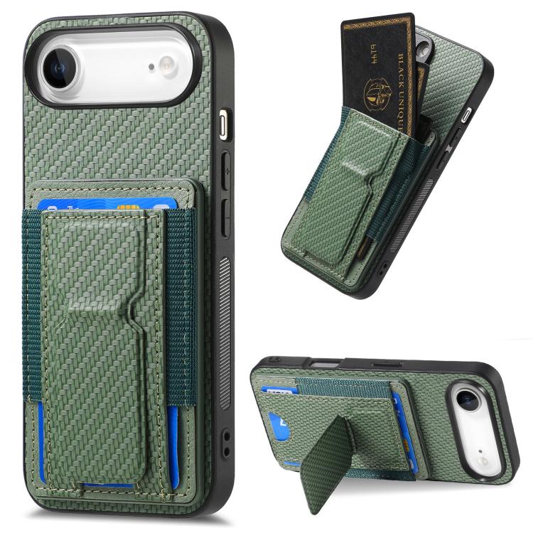 For iPhone Air Carbon Fiber Fold Stand Elastic Card Bag Phone Case(Green)