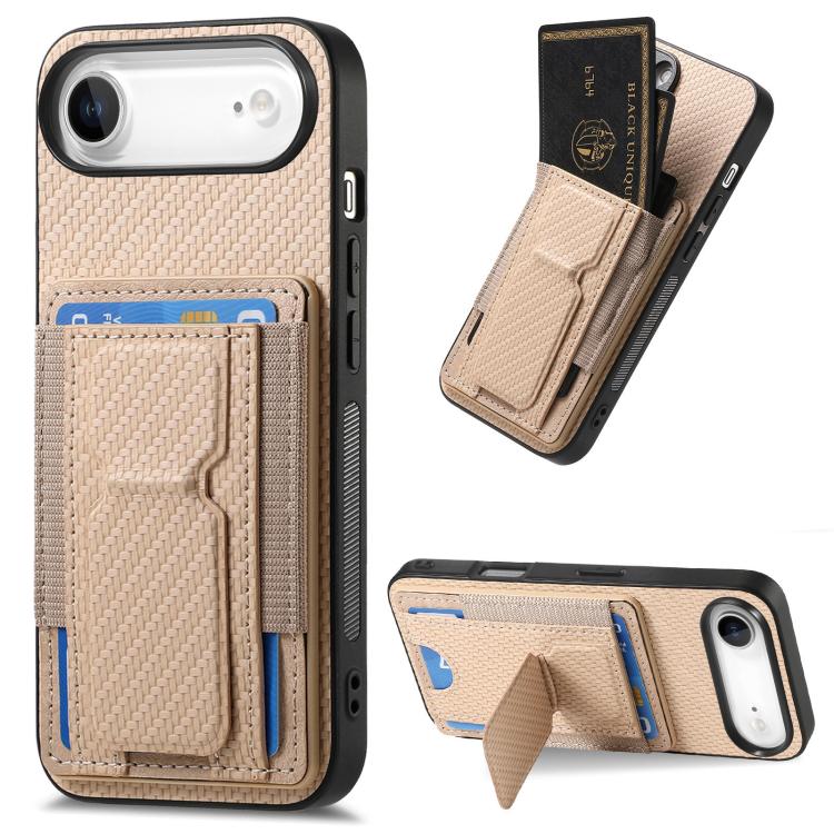 For iPhone Air Carbon Fiber Fold Stand Elastic Card Bag Phone Case(Khaki)