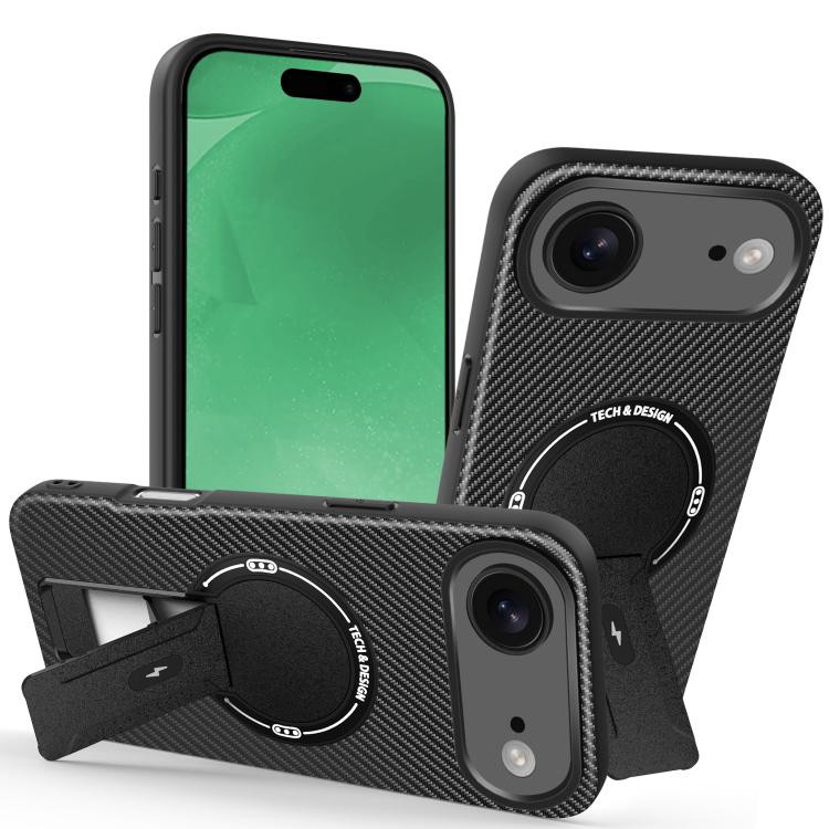 For iPhone Air Carbon Fiber Texture MagSafe Phone Case with Holder(Black)