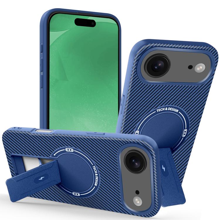 For iPhone Air Carbon Fiber Texture MagSafe Phone Case with Holder(Blue)