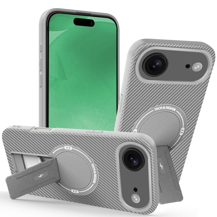 For iPhone Air Carbon Fiber Texture MagSafe Phone Case with Holder(Grey)