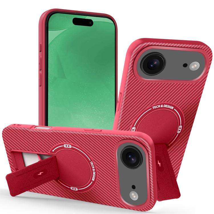 For iPhone Air Carbon Fiber Texture MagSafe Phone Case with Holder(Red)