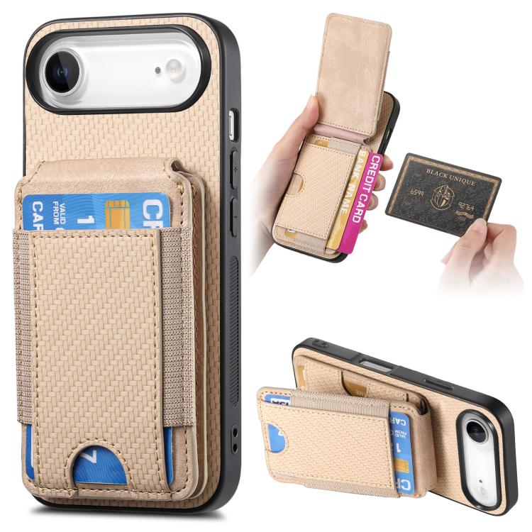 For iPhone Air Carbon Fiber Vertical Flip Wallet Stand Phone Case(Khaki)