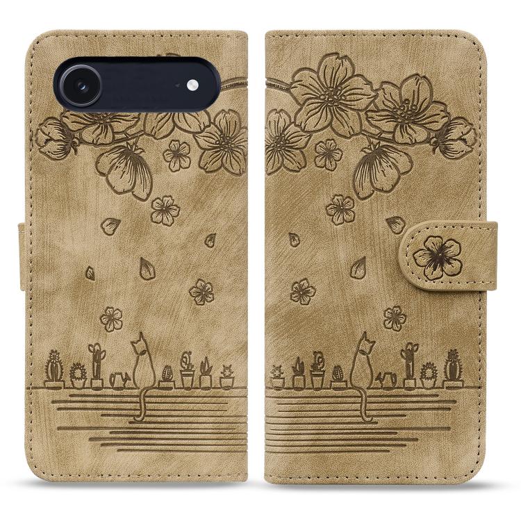 For iPhone Air Cartoon Sakura Cat Embossed Leather Phone Case(Brown)