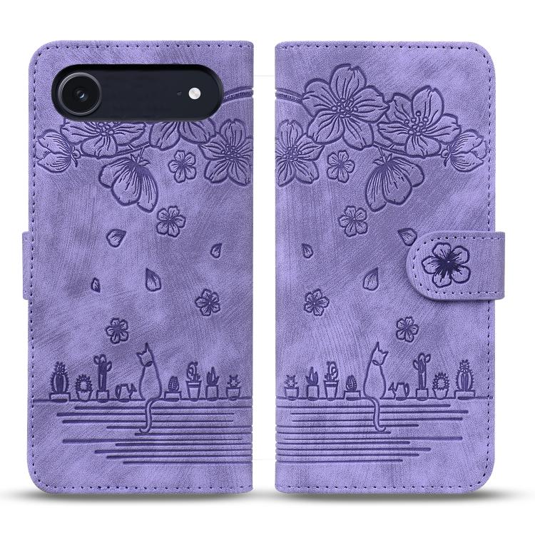 For iPhone Air Cartoon Sakura Cat Embossed Leather Phone Case(Purple)