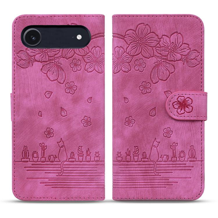 For iPhone Air Cartoon Sakura Cat Embossed Leather Phone Case(Rose Red)