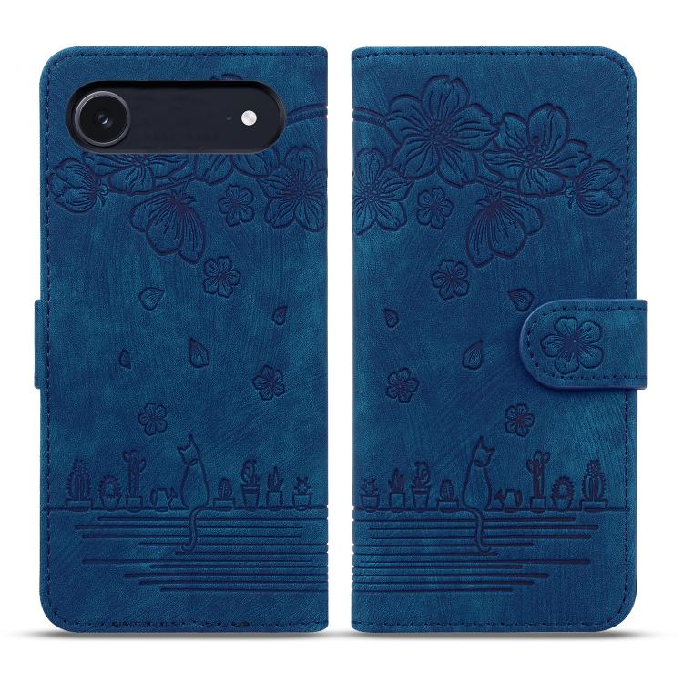 For iPhone Air Cartoon Sakura Cat Embossed Leather Phone Case(Royal Blue)
