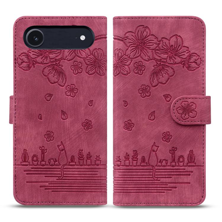 For iPhone Air Cartoon Sakura Cat Embossed Leather Phone Case(Wine Red)