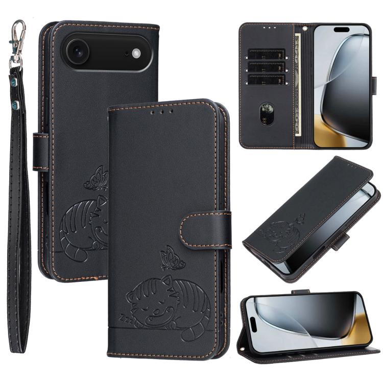 For iPhone Air Cat Butterfly Embossed RFID Vegan Leather Phone Case with Strap(Black)