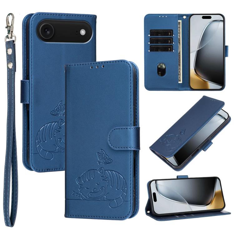 For iPhone Air Cat Butterfly Embossed RFID Vegan Leather Phone Case with Strap(Dark Blue)