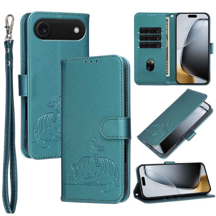 For iPhone Air Cat Butterfly Embossed RFID Vegan Leather Phone Case with Strap(Dark Green)