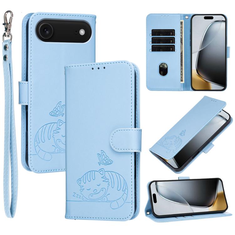 For iPhone Air Cat Butterfly Embossed RFID Vegan Leather Phone Case with Strap(Light Blue)