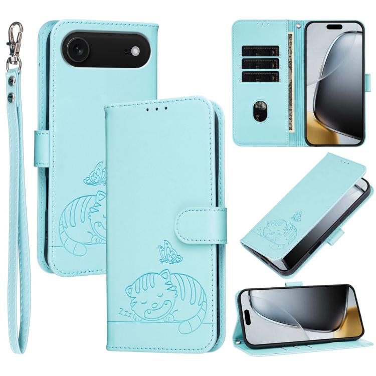 For iPhone Air Cat Butterfly Embossed RFID Vegan Leather Phone Case with Strap(Light Green)