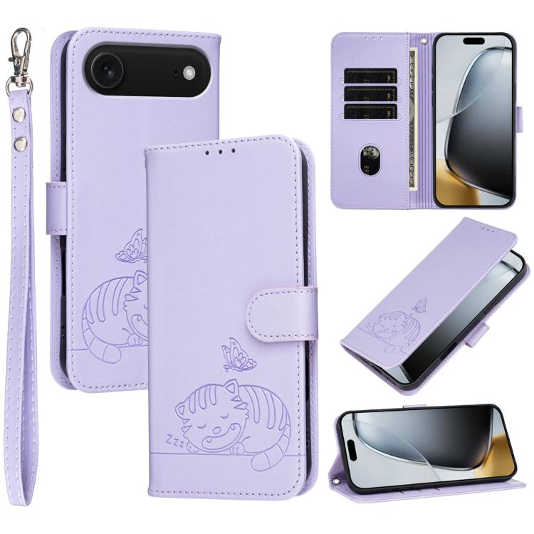 For iPhone Air Cat Butterfly Embossed RFID Vegan Leather Phone Case with Strap(Light Purple)