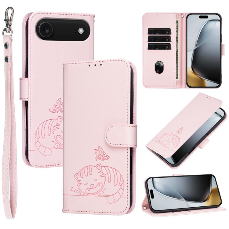 For iPhone Air Cat Butterfly Embossed RFID Vegan Leather Phone Case with Strap(Pink)