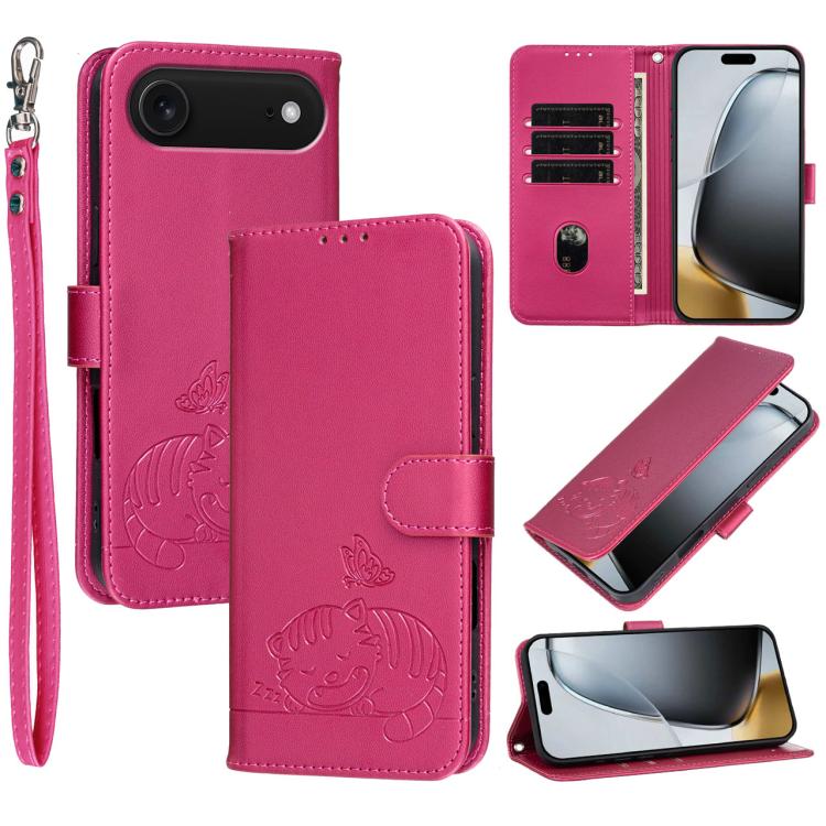 For iPhone Air Cat Butterfly Embossed RFID Vegan Leather Phone Case with Strap(Rose Red)