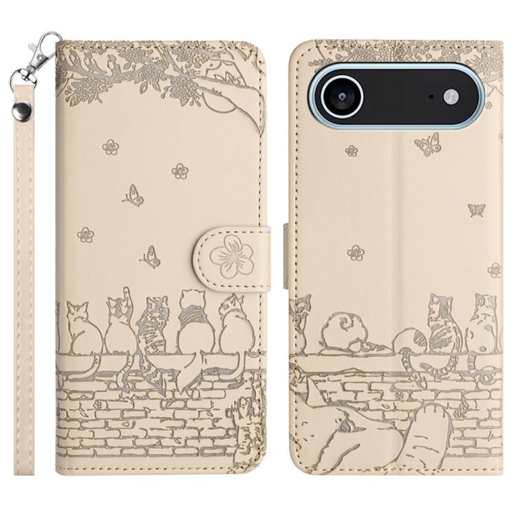 For iPhone Air Cat Embossing Pattern Leather Phone Case with Lanyard(Beige)
