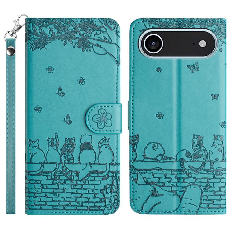 For iPhone Air Cat Embossing Pattern Leather Phone Case with Lanyard(Blue)