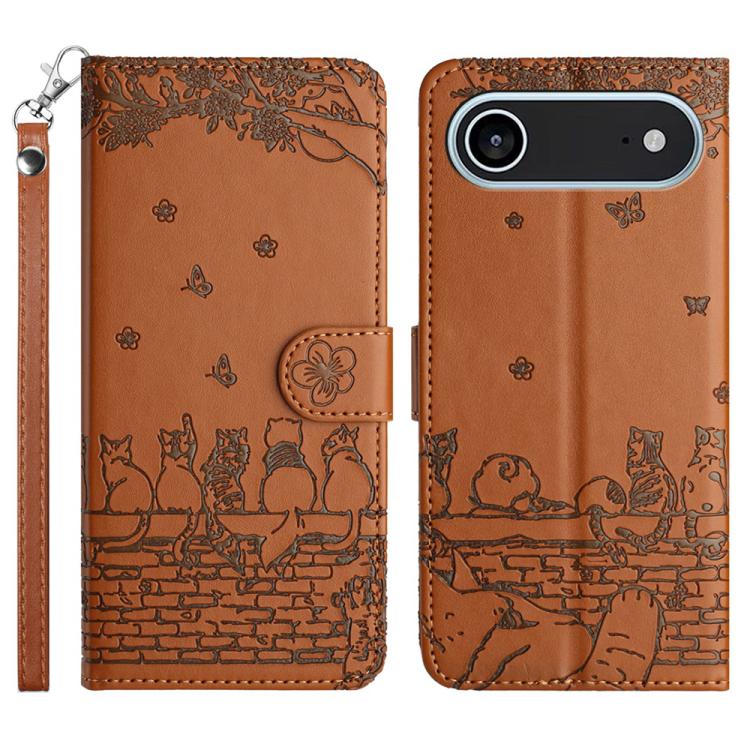 For iPhone Air Cat Embossing Pattern Leather Phone Case with Lanyard(Brown)