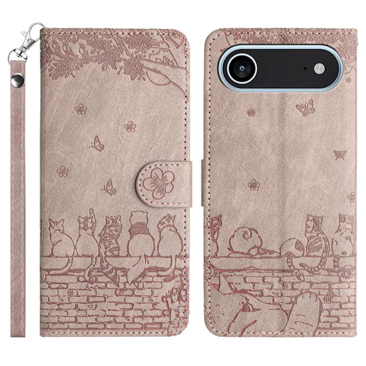 For iPhone Air Cat Embossing Pattern Leather Phone Case with Lanyard(Grey)