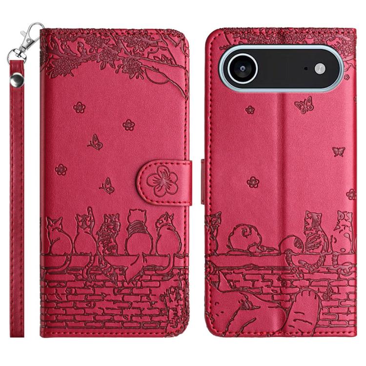For iPhone Air Cat Embossing Pattern Leather Phone Case with Lanyard(Red)