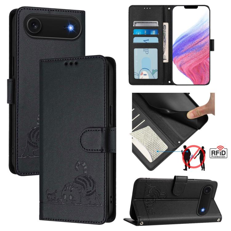 For iPhone Air Cat Rat Embossed Pattern RFID Leather Phone Case with Lanyard(Black)