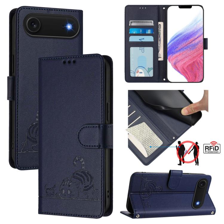 For iPhone Air Cat Rat Embossed Pattern RFID Leather Phone Case with Lanyard(Blue)