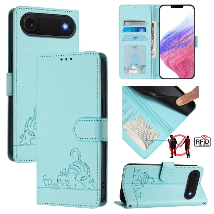 For iPhone Air Cat Rat Embossed Pattern RFID Leather Phone Case with Lanyard(Mint Green)