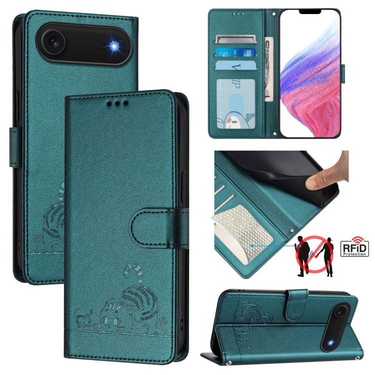 For iPhone Air Cat Rat Embossed Pattern RFID Leather Phone Case with Lanyard(Peacock Green)