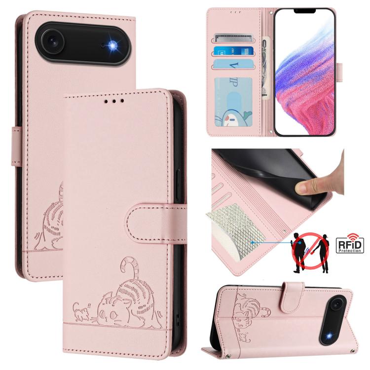 For iPhone Air Cat Rat Embossed Pattern RFID Leather Phone Case with Lanyard(Pink)