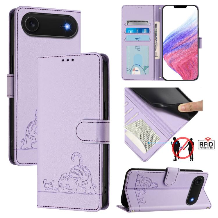 For iPhone Air Cat Rat Embossed Pattern RFID Leather Phone Case with Lanyard(Purple)
