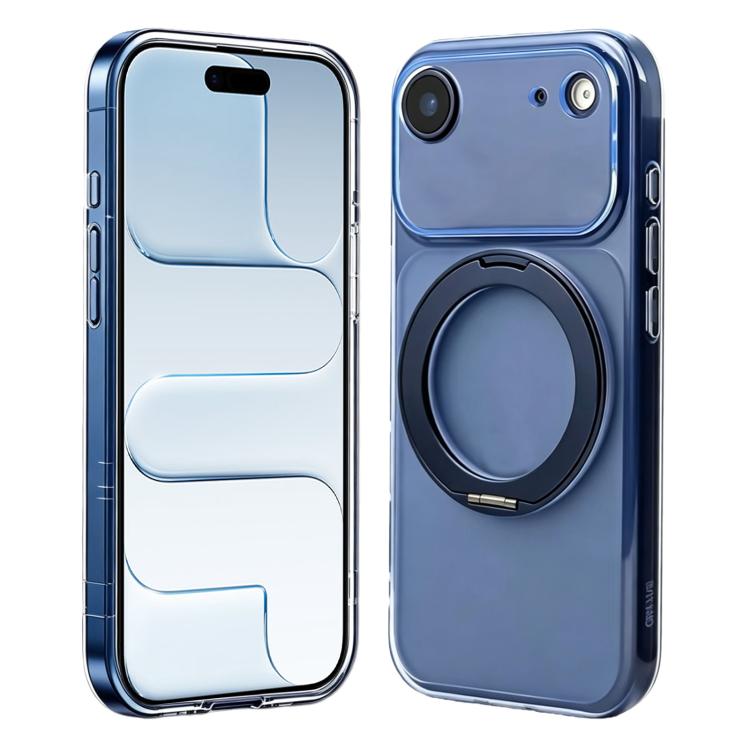 For iPhone Air Change to 17 Pro Silicone Magnetic Phone Case with 360 Degrees Rotating Holder(Blue)